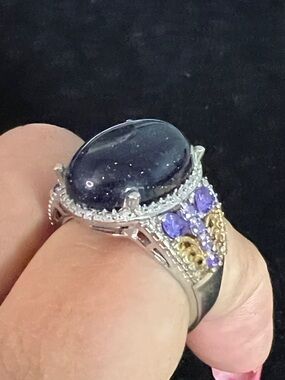 925 STERLING SILVER SIGNED STATEMENT RING BLUE GOLDSTONE AND AMETHYST